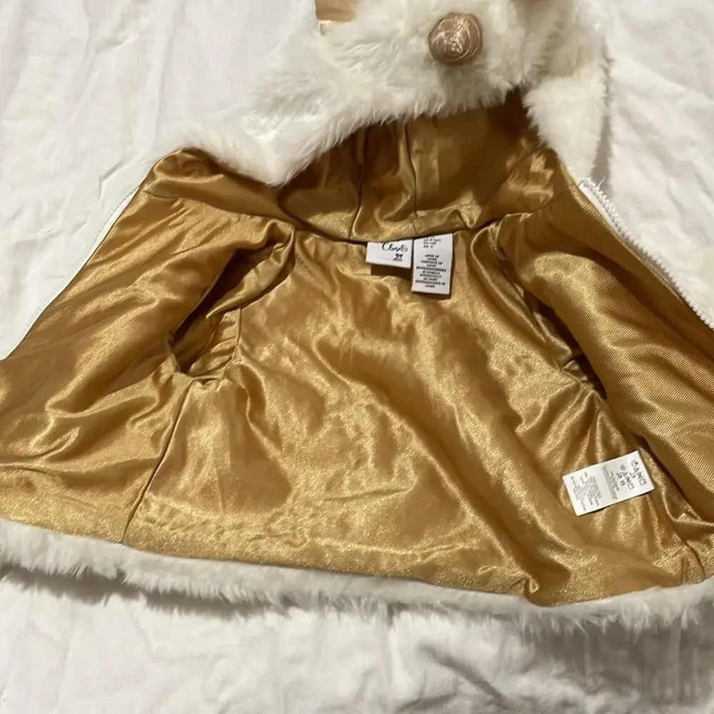 Gillian’s Closet 5 white fur gold trim front zip jacket and unicorn ears & horn